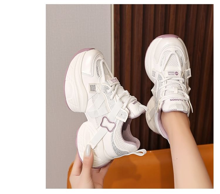 Lace-Up Platform Mesh Panel Rhinestone Sneakers Faux Leather
