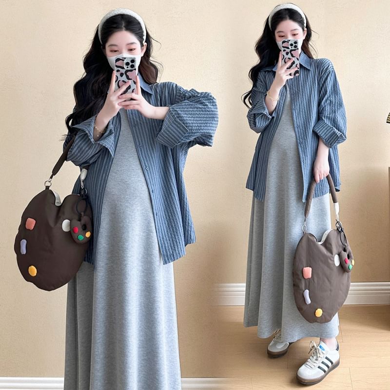 Striped Maternity Long Sleeve Shirt with Tank Dress