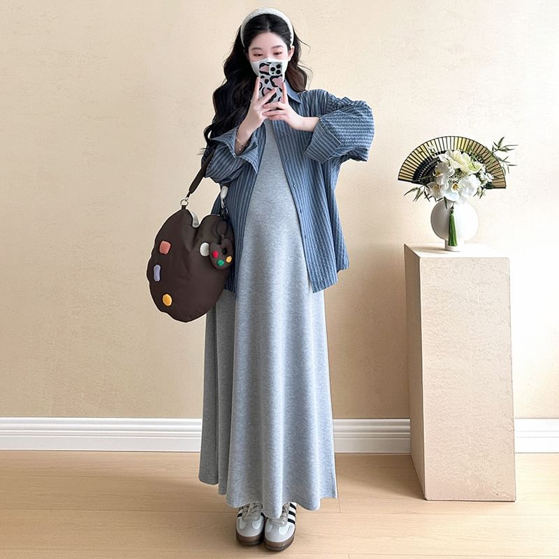 Striped Maternity Long Sleeve Shirt with Tank Dress