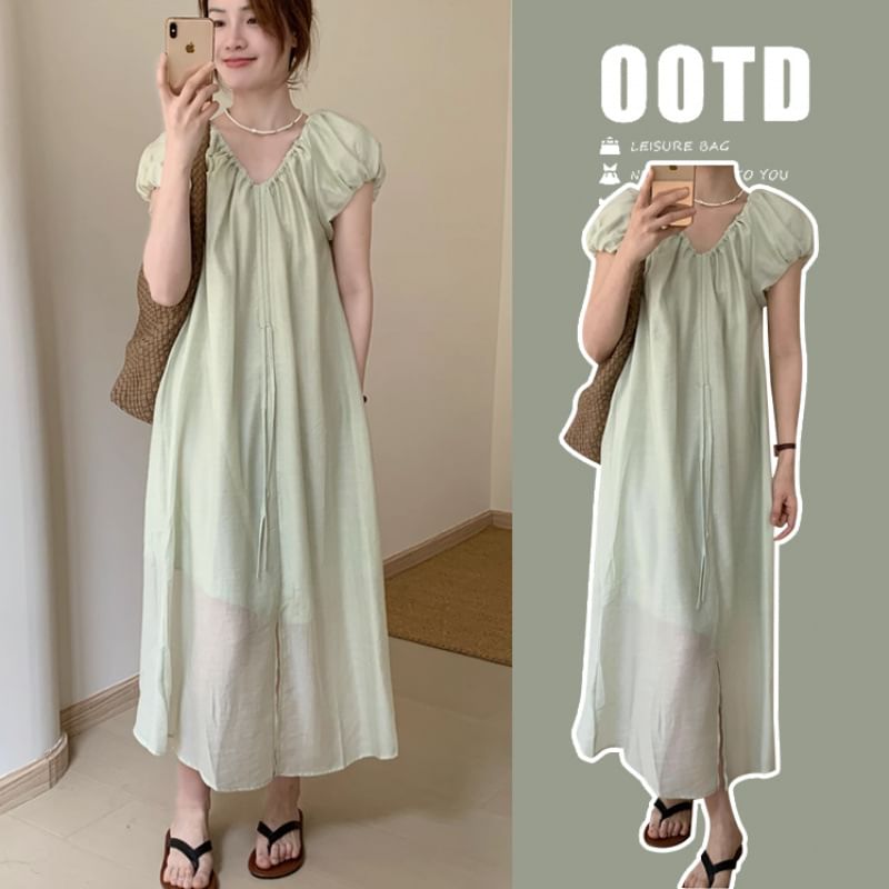 Puff Sleeve Maternity V-Neck Front Slit Sundress