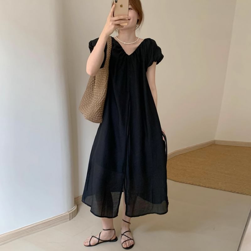 Puff Sleeve Maternity V-Neck Front Slit Sundress