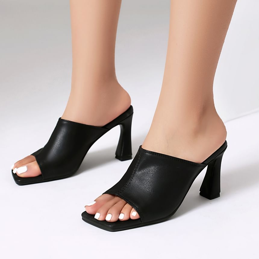 High Heel Square Toe Faux Leather Slide Sandals