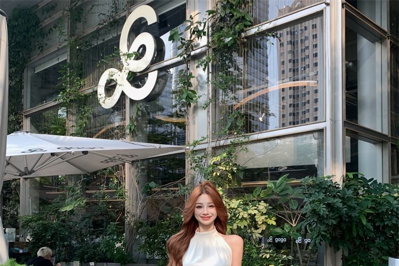 Rise Top Leg Plain / Sleeveless High Halter Crop Wide Pants Neck