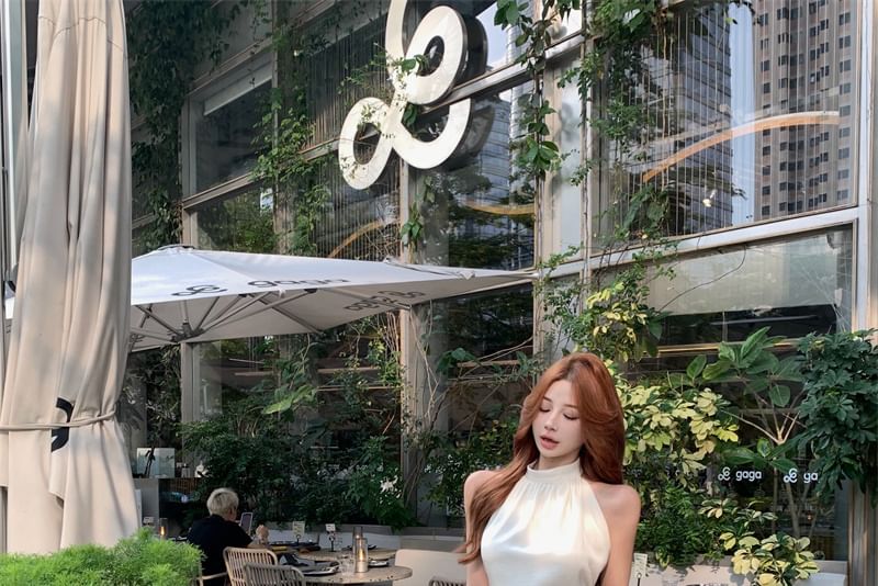 Rise Top Leg Plain / Sleeveless High Halter Crop Wide Pants Neck