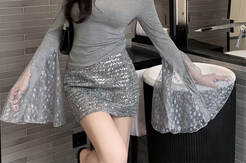 Long-Sleeve Plain Off Top Shoulder Lace Panel