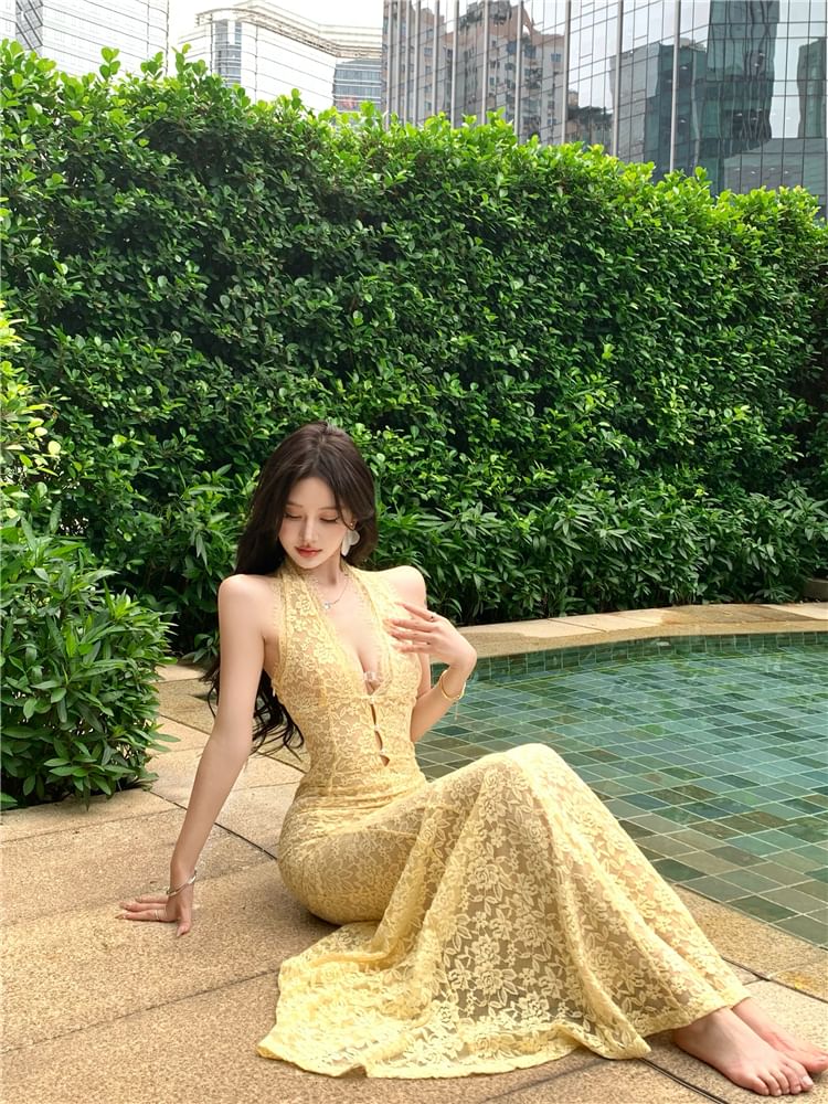 Lace Gown Evening Mermaid V-Neck Halter