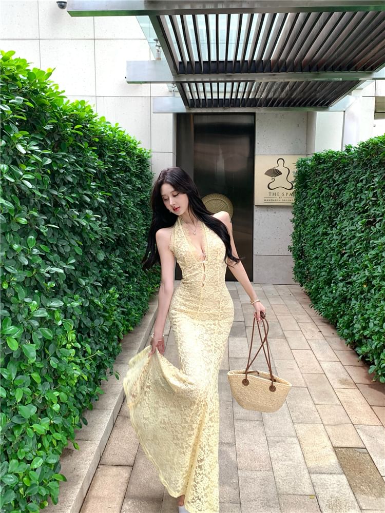 Lace Gown Evening Mermaid V-Neck Halter