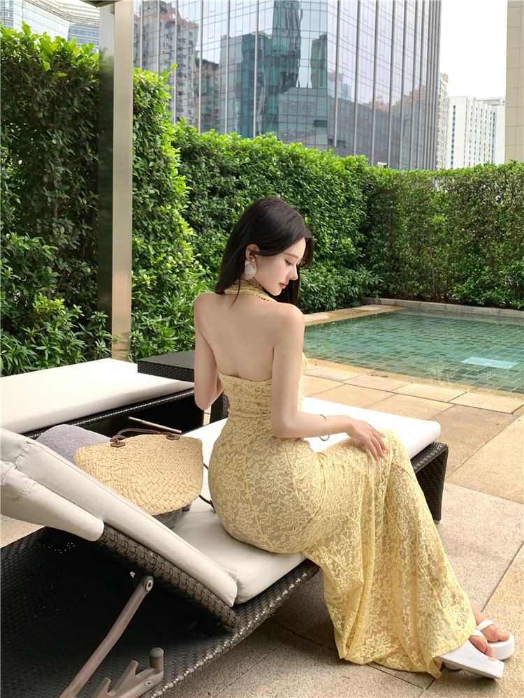 Lace Gown Evening Mermaid V-Neck Halter