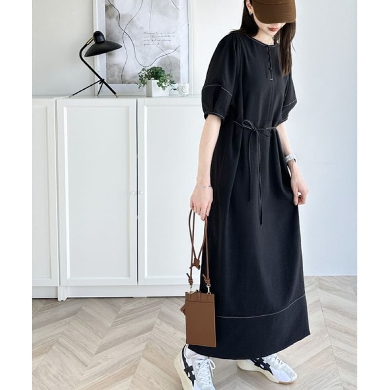 Button Slit Balloon Sleeve Contrast Stitch A-Line Maxi