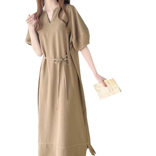 Button Slit Balloon Sleeve Contrast Stitch A-Line Maxi