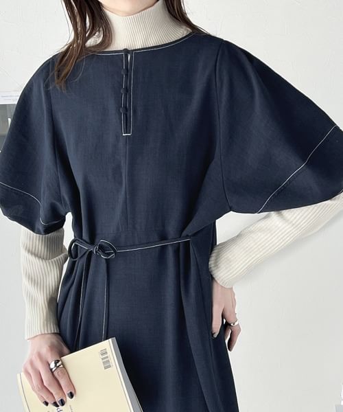 Button Slit Balloon Sleeve Contrast Stitch A-Line Maxi