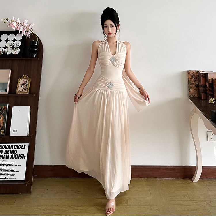 Rhinestone Halter Sheath Maxi Dress
