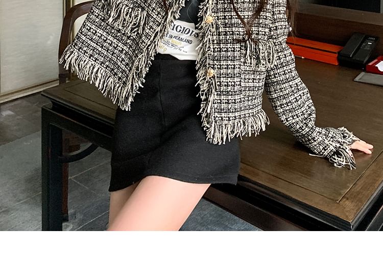 Tweed Tassel Trim Button-Up Jacket