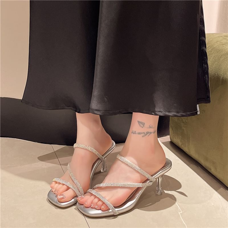Low Heel Rhinestone Slide Sandals