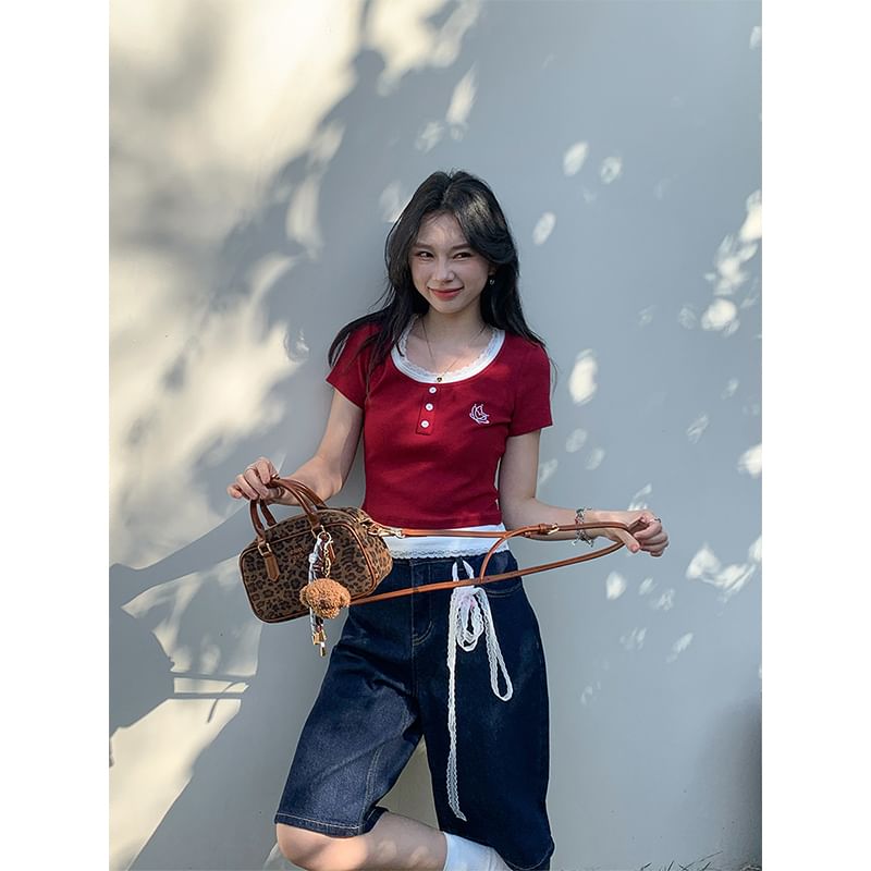 Mock Crop Two-Piece Top Square Short-Sleeve Neck