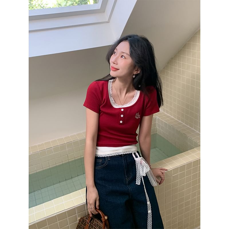 Mock Crop Two-Piece Top Square Short-Sleeve Neck