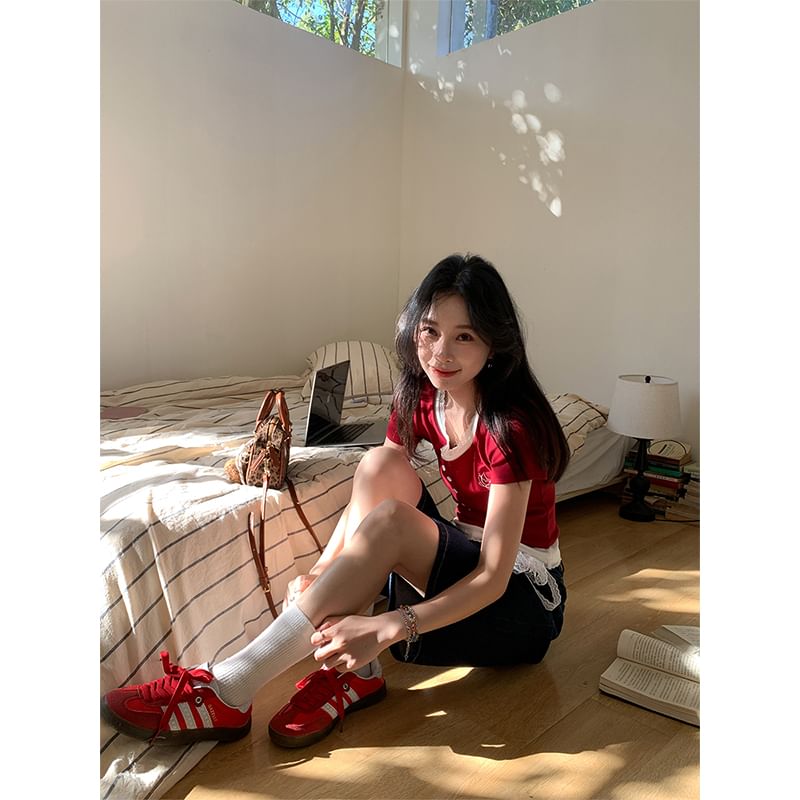 Mock Crop Two-Piece Top Square Short-Sleeve Neck