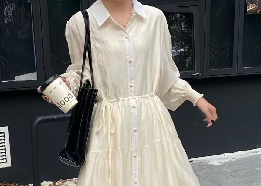 Collared Button-Up Long Sleeve Tunic Maxi Dress
