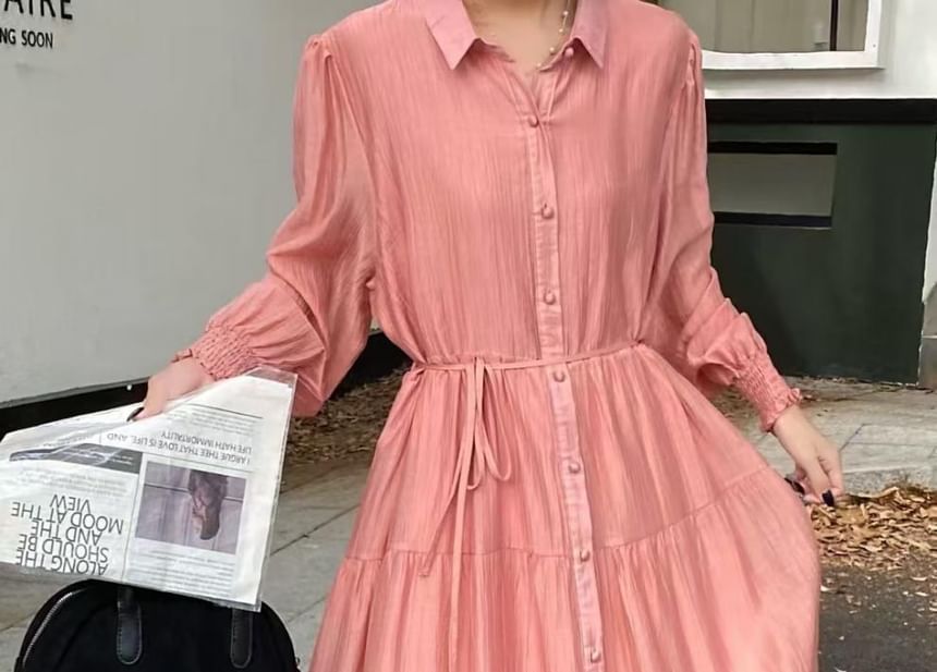 Collared Button-Up Long Sleeve Tunic Maxi Dress