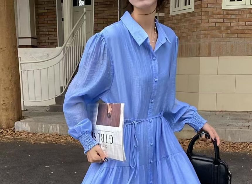 Collared Button-Up Long Sleeve Tunic Maxi Dress