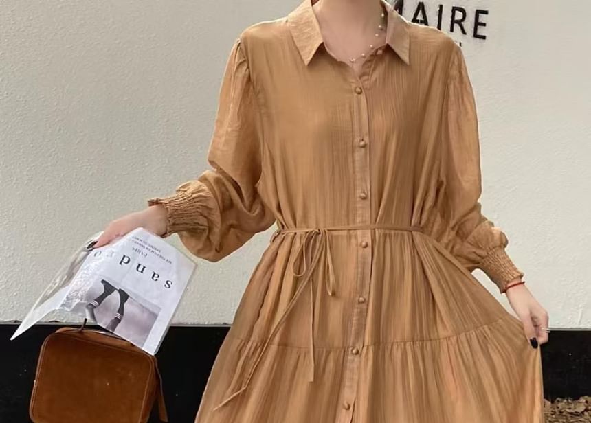 Collared Button-Up Long Sleeve Tunic Maxi Dress