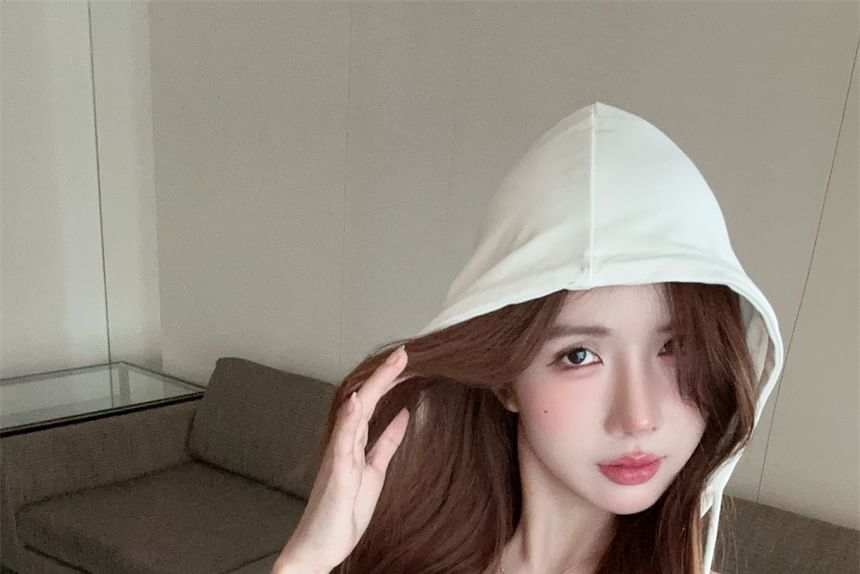 Top Hooded Sleeveless Plain V-Neck Crop
