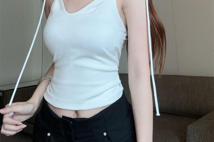 Top Hooded Sleeveless Plain V-Neck Crop