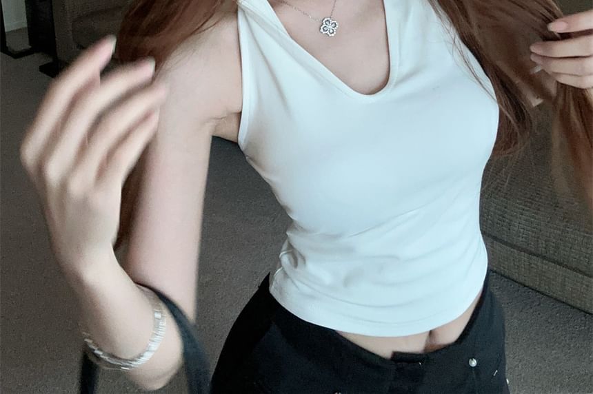 Top Hooded Sleeveless Plain V-Neck Crop