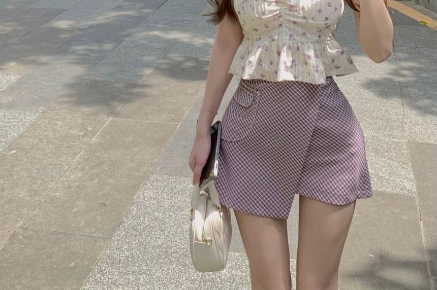 / Puff-Sleeve Skirt Mini Plaid Floral Peplum Pencil Cropped Blouse Asymmetrical Bow Rise High