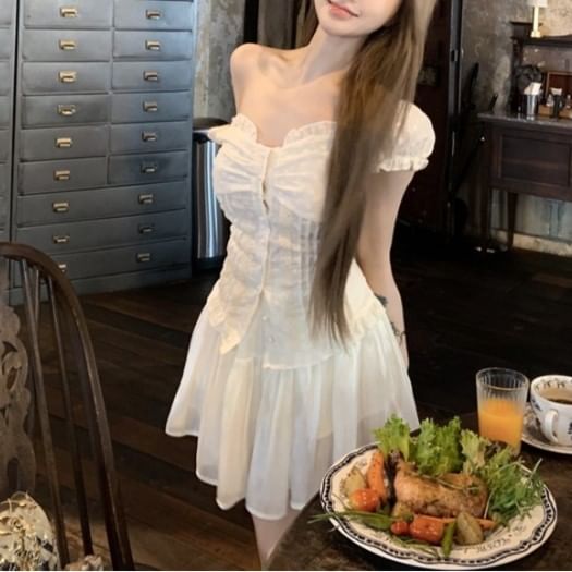 / Mini A-Line Panel Skirt Fit High Short-Sleeve Waist Blouse Lace Slim