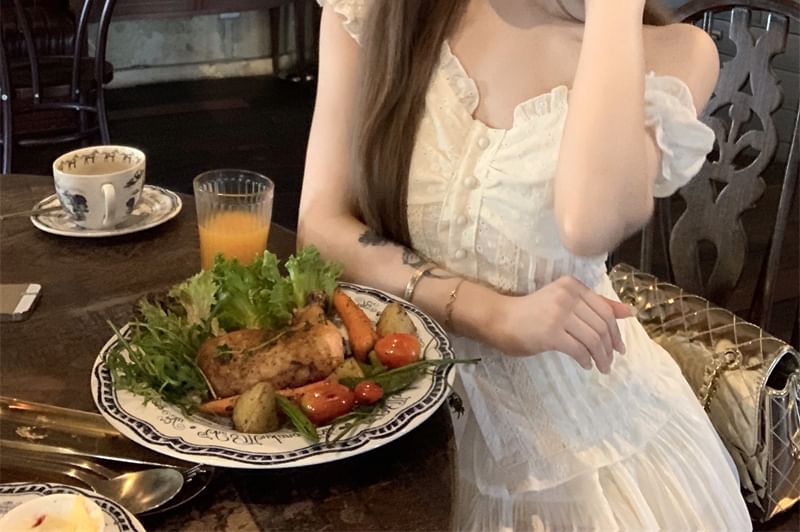 / Mini A-Line Panel Skirt Fit High Short-Sleeve Waist Blouse Lace Slim