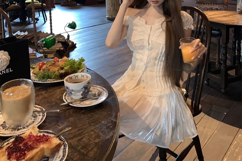 / Mini A-Line Panel Skirt Fit High Short-Sleeve Waist Blouse Lace Slim