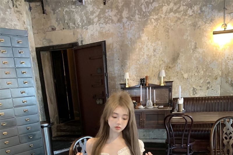 / Mini A-Line Panel Skirt Fit High Short-Sleeve Waist Blouse Lace Slim