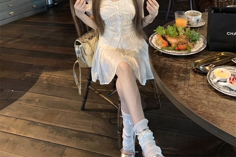 / Mini A-Line Panel Skirt Fit High Short-Sleeve Waist Blouse Lace Slim