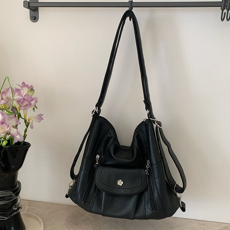 Leather Plain Shoulder Faux Bag