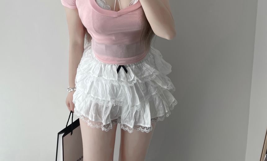 Top Crop T-Shirt Short-Sleeve / Fit Bra Slim Neck Scoop Halter Lace Plain