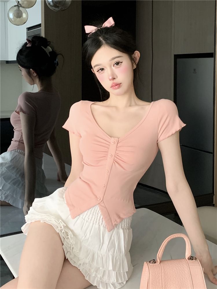 Skirt High Mini / Waist Layered A-Line V-Neck Frill Tee Plain Ruched Trim Slit Short-Sleeve Crop