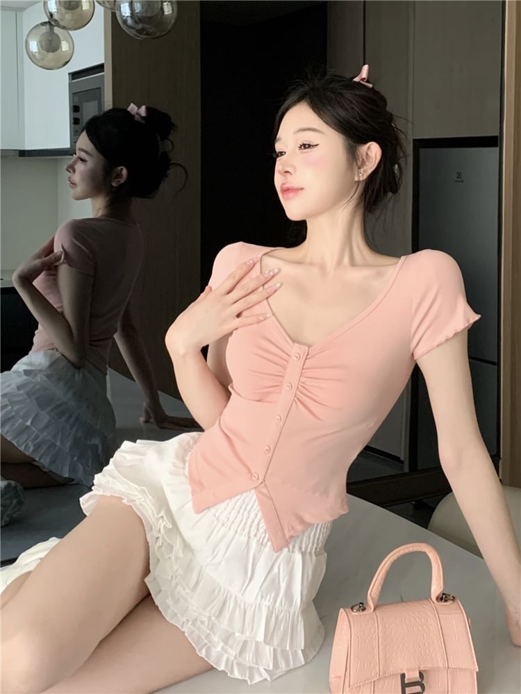 Skirt High Mini / Waist Layered A-Line V-Neck Frill Tee Plain Ruched Trim Slit Short-Sleeve Crop