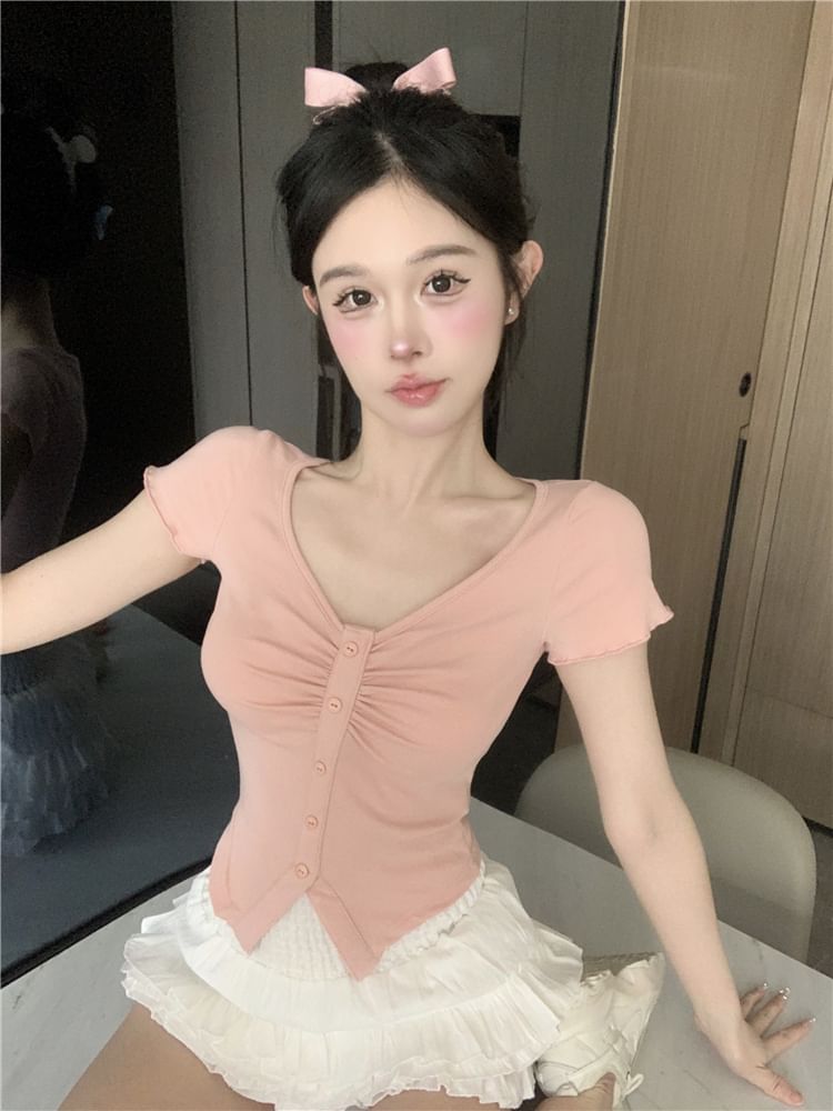 Skirt High Mini / Waist Layered A-Line V-Neck Frill Tee Plain Ruched Trim Slit Short-Sleeve Crop