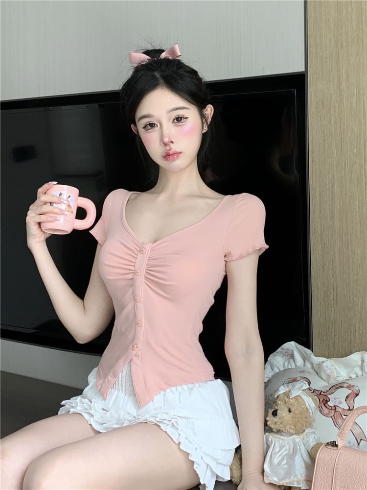 Skirt High Mini / Waist Layered A-Line V-Neck Frill Tee Plain Ruched Trim Slit Short-Sleeve Crop