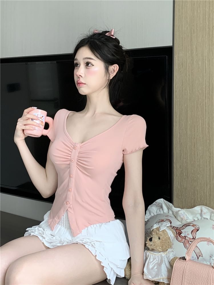 Skirt High Mini / Waist Layered A-Line V-Neck Frill Tee Plain Ruched Trim Slit Short-Sleeve Crop