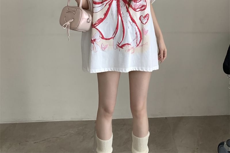 Bow Round Elbow-Sleeve Neck Oversized T-Shirt Print