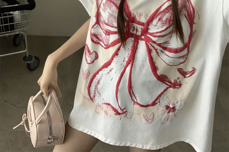 Bow Round Elbow-Sleeve Neck Oversized T-Shirt Print