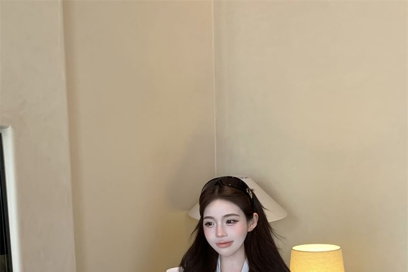 Plain Sleeve Rise Long Blouse High Neck Mini Tie Pencil Skirt / Satin