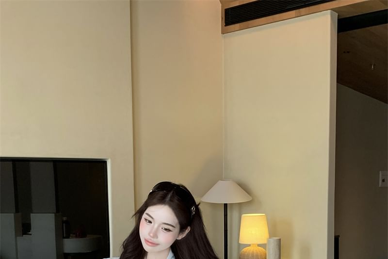 Plain Sleeve Rise Long Blouse High Neck Mini Tie Pencil Skirt / Satin