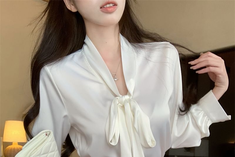 Plain Sleeve Rise Long Blouse High Neck Mini Tie Pencil Skirt / Satin