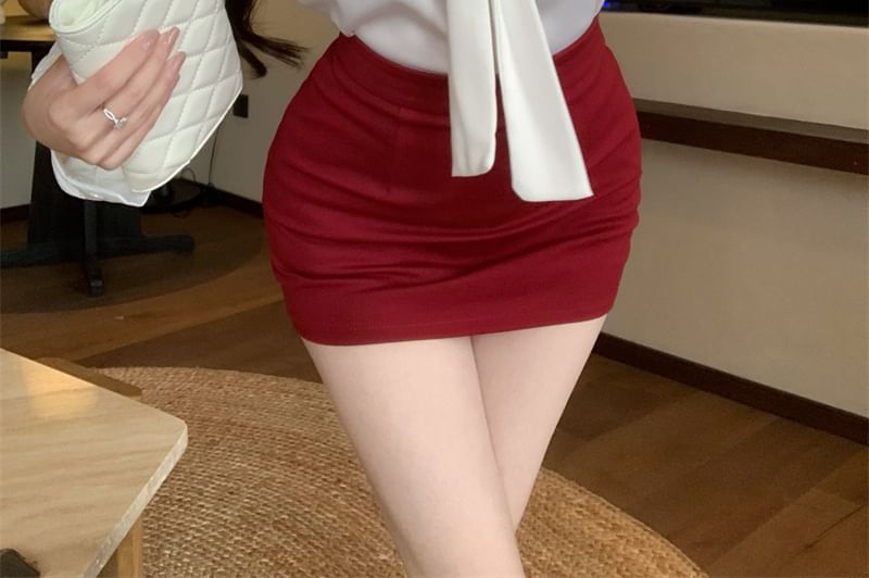 Plain Sleeve Rise Long Blouse High Neck Mini Tie Pencil Skirt / Satin