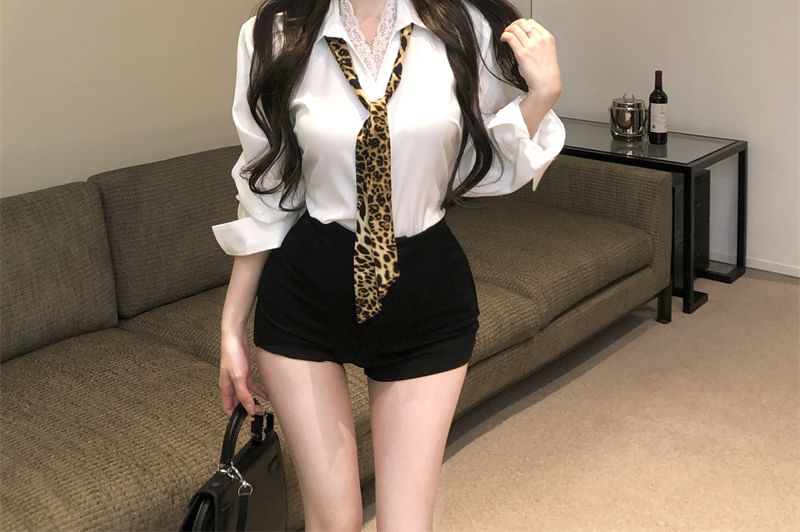 Collared Shirt Sleeve Long Plain Lace Panel