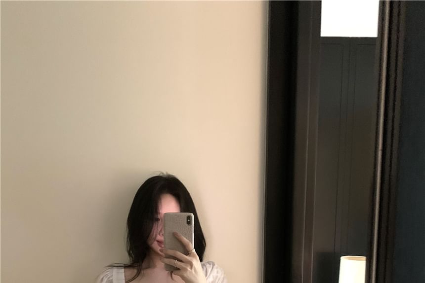 Square Short Blouse Front Tie Plain Peplum Neck Sleeve