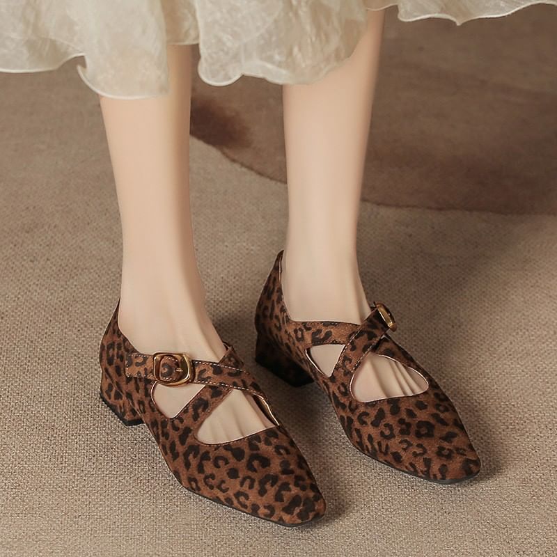 Shoes Cross Leopard Print Strap Jane Mary Chunky Heel